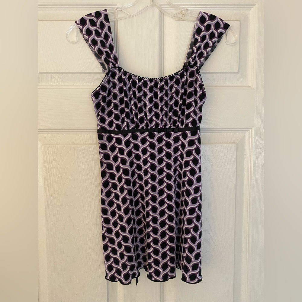Vintage Y2K A. Byer Purple Black Abstract Tie-Back Empire Waist Long Tank - Sz S